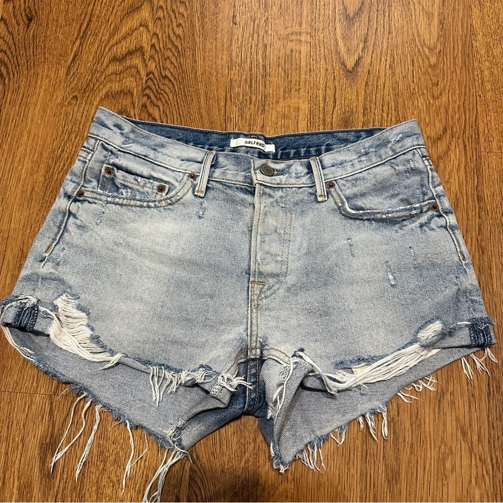 GRLFRND Blue Denim Distressed Raw hem Button Fly Jean shorts Adriana Size 25
